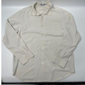 Tommy Bahama Silk Button Down Shirt Mens XL Cream Long Sleeve Grid Good
